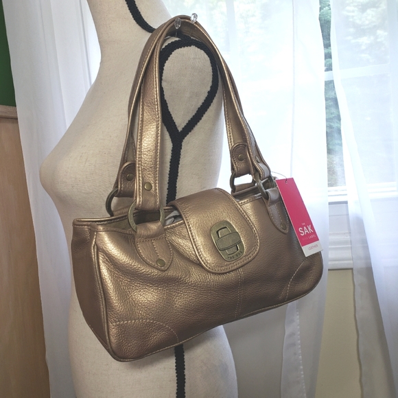The sak pink label leather shoulder purse bag nwt antique gold meadow II